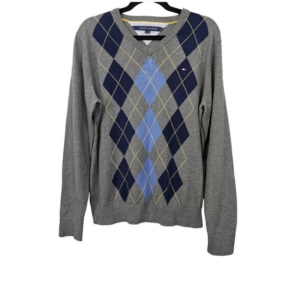 Tommy Hilfiger V-Neck 100% Cotton Gray Argyle Pull Over Light Weight Sweater - Picture 1 of 6
